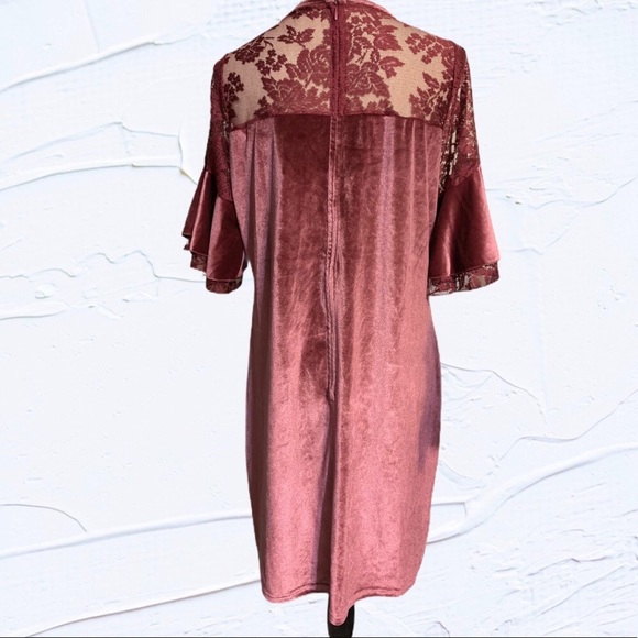 Dark Mauve Pink Velvet Lace Detail Short Ruffle Sleeve Plus Dress NEW - Picture 8 of 12